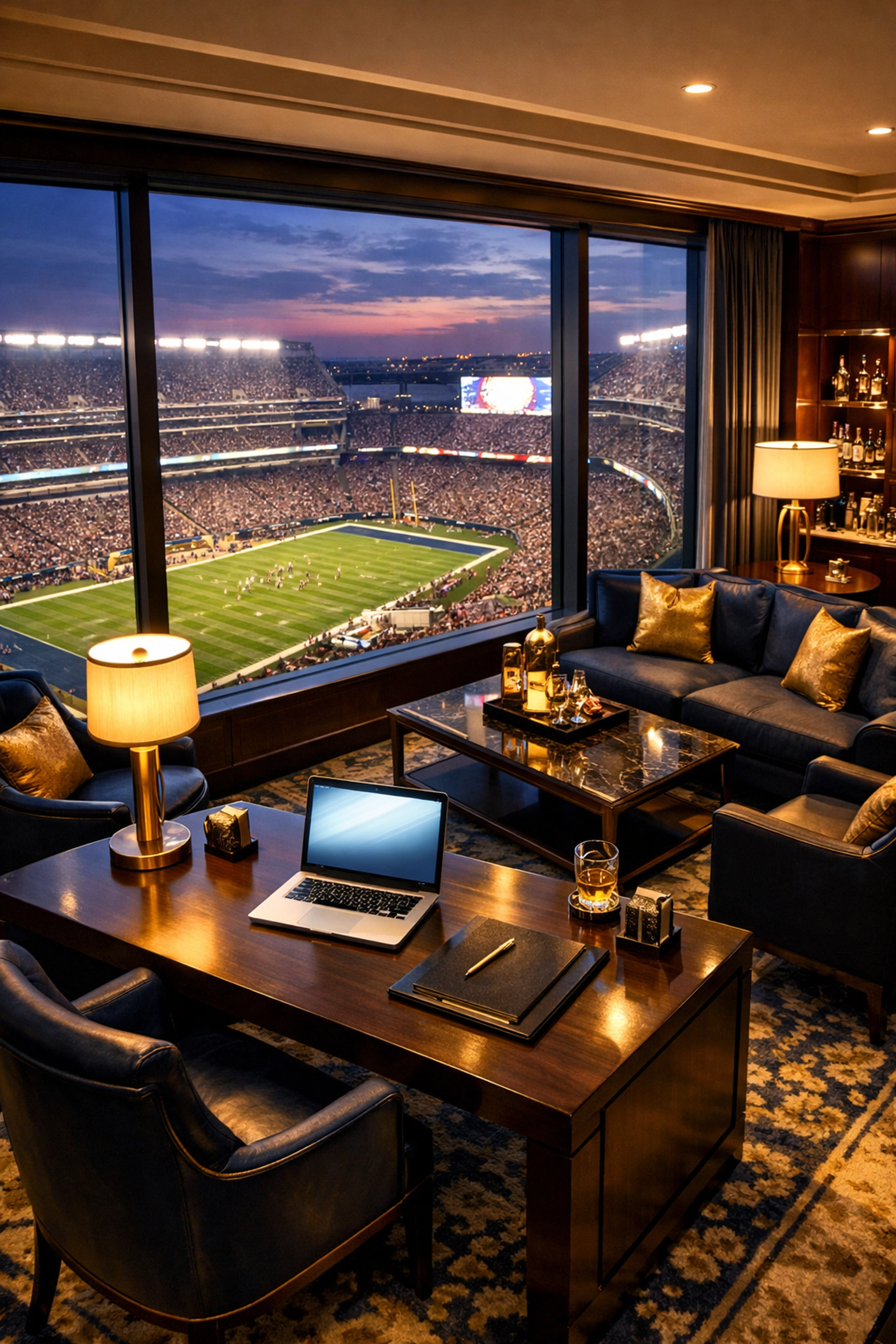 Luxury hotel suite with stadium view for Super Bowl executive accommodations