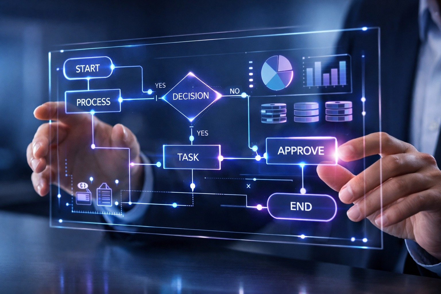 Business professional using holographic workflow interface to optimize AI integration processes