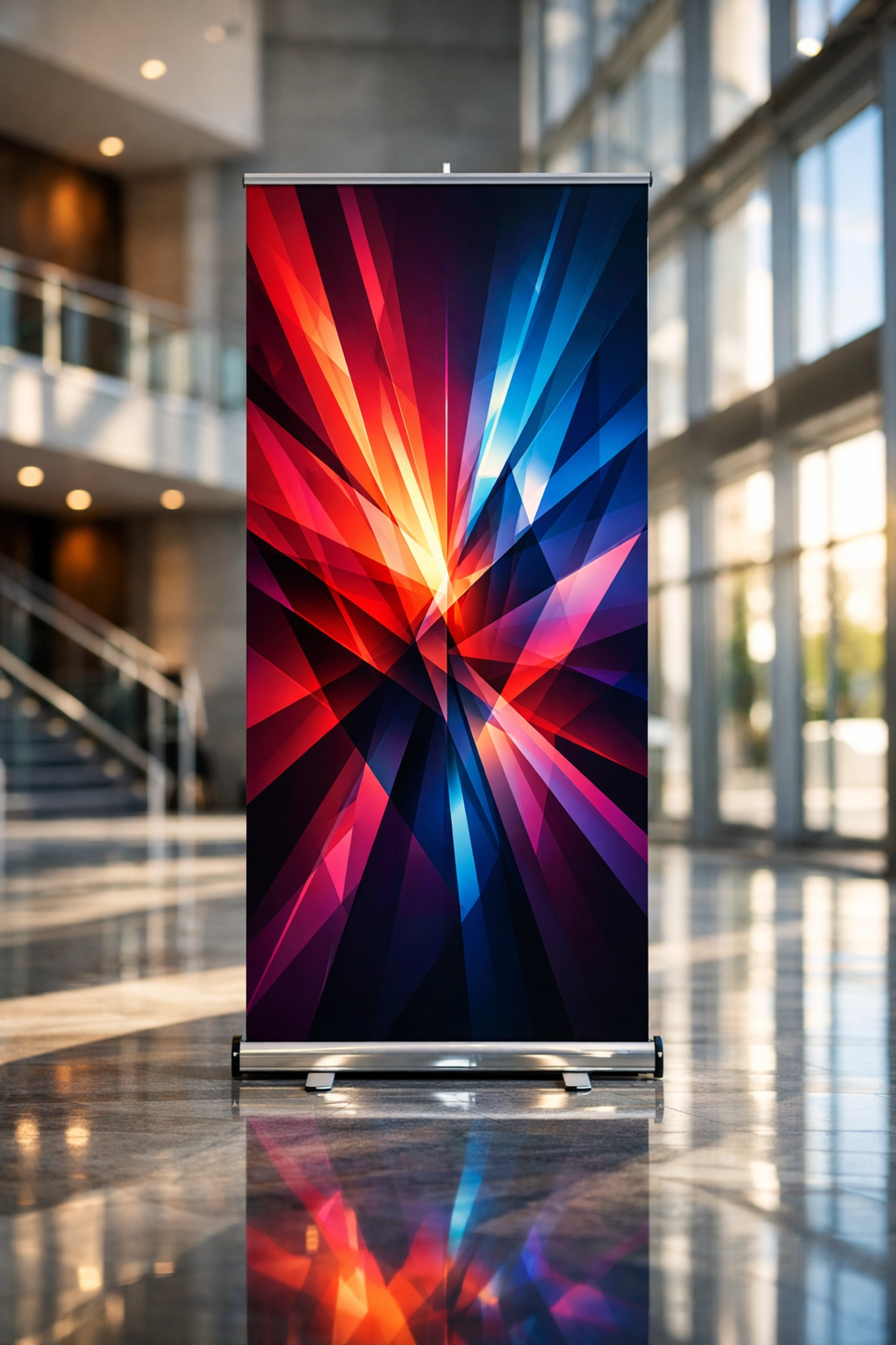 Professional retractable pop-up banner stand with colorful graphics in a modern corporate lobby.