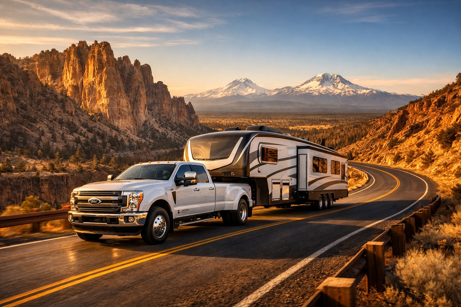 Ford Powerstroke F-350 dually towing a large trailer through the high desert of Central Oregon near Bend.