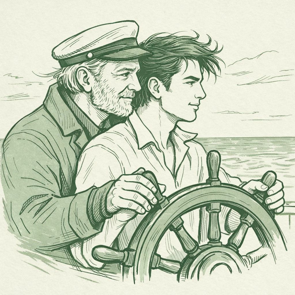 Experienced sailor teaches rookie at ship's wheel in MM romance mentorship scene