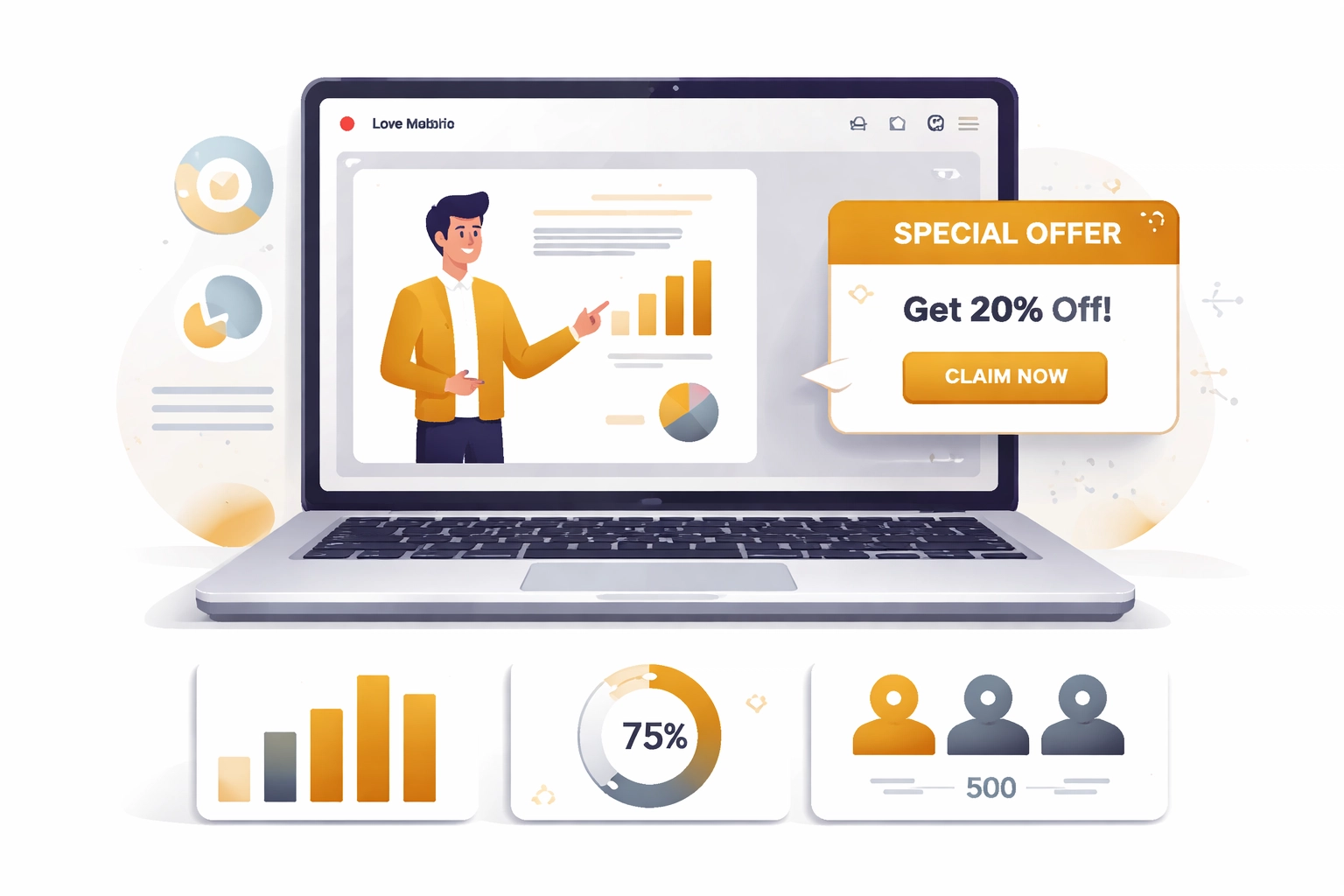 Laptop screen displaying an interactive webinar with live engagement metrics and pop-up sales offers