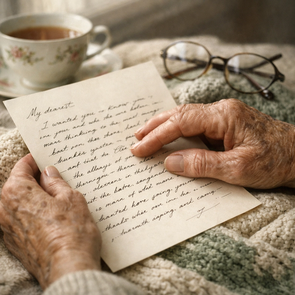 Elderly hands holding handwritten pen pal letter with care
