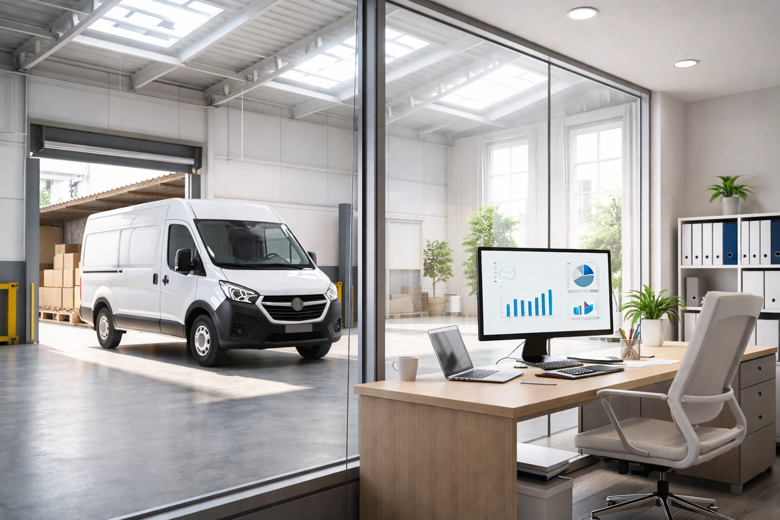 Split-view office showing new business vehicle and workspace, illustrating equipment purchase tax strategies