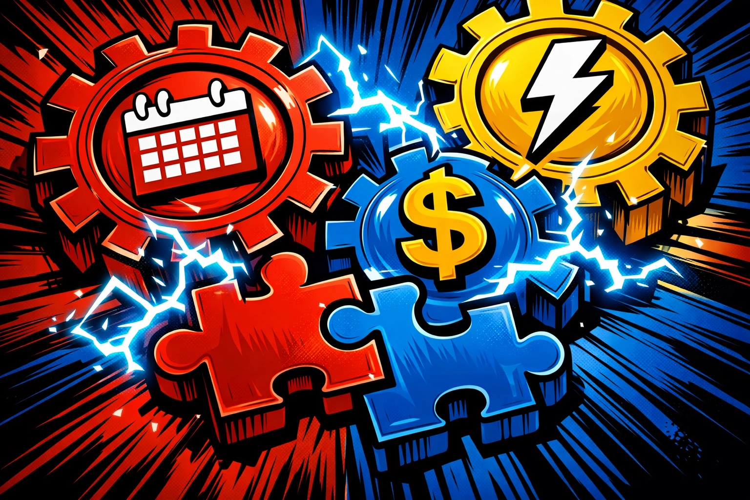 Interlocking gears and puzzle pieces representing an automated workflow ecosystem for business.