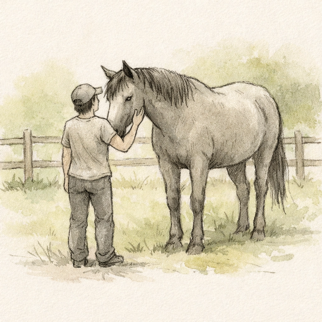 Hand-drawn illustration of a person standing with a horse, highlighting ground-based equine assisted therapy.
