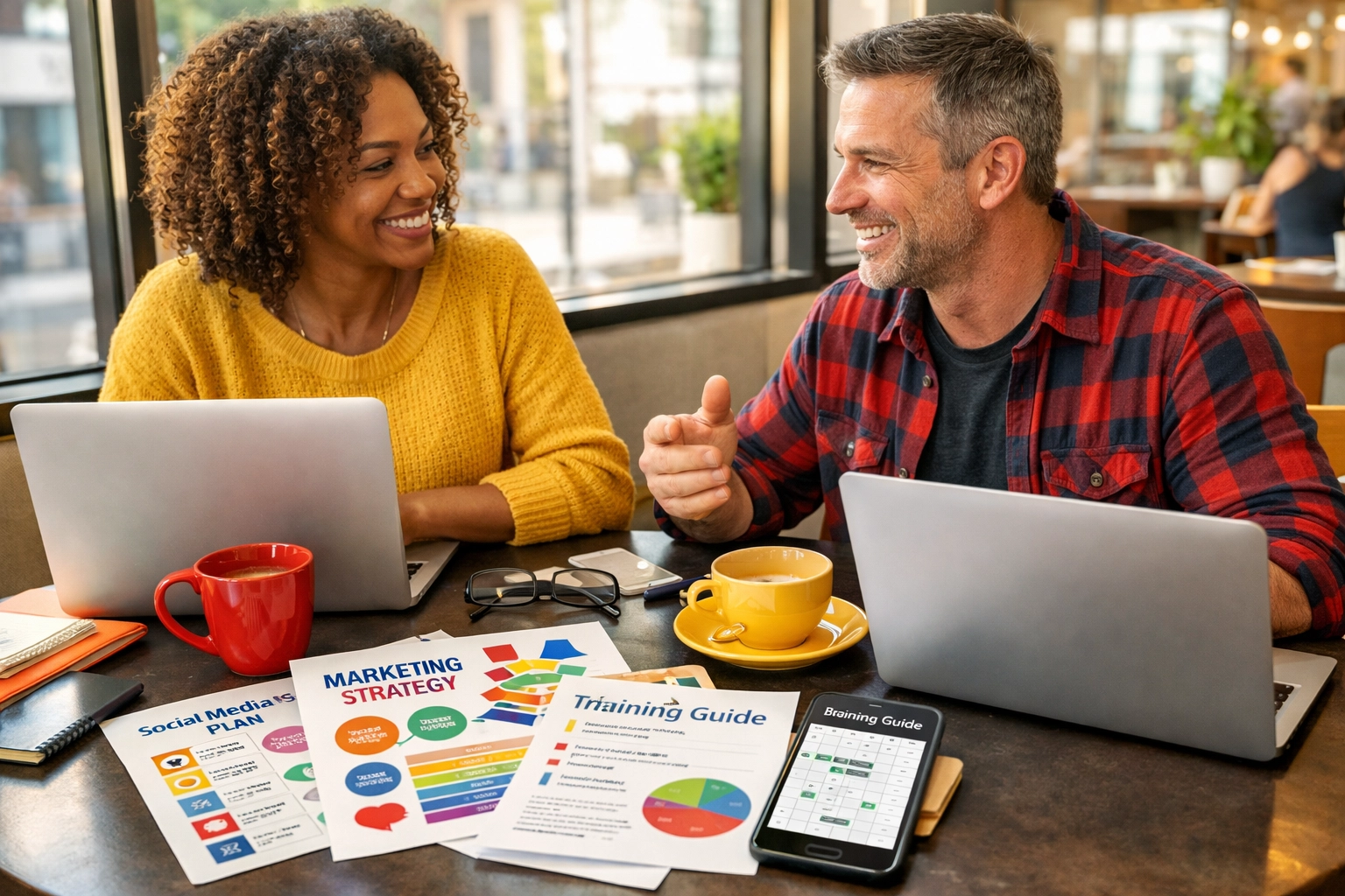 Mobile gaming business training and support session with marketing materials