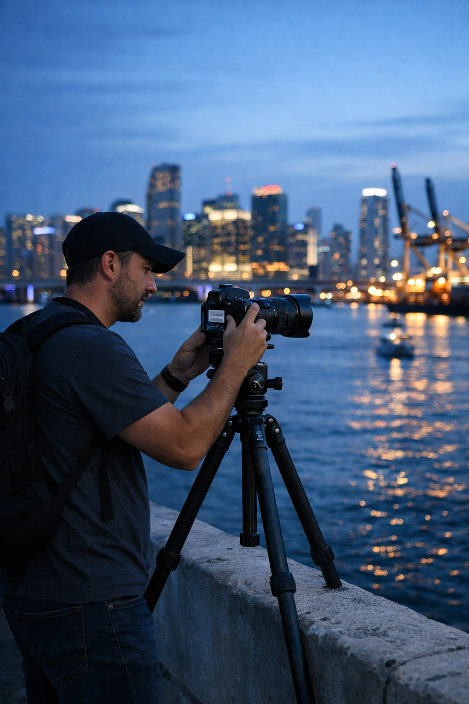 Professional photographer capturing the skyline during a private miami photography tour at blue hour.