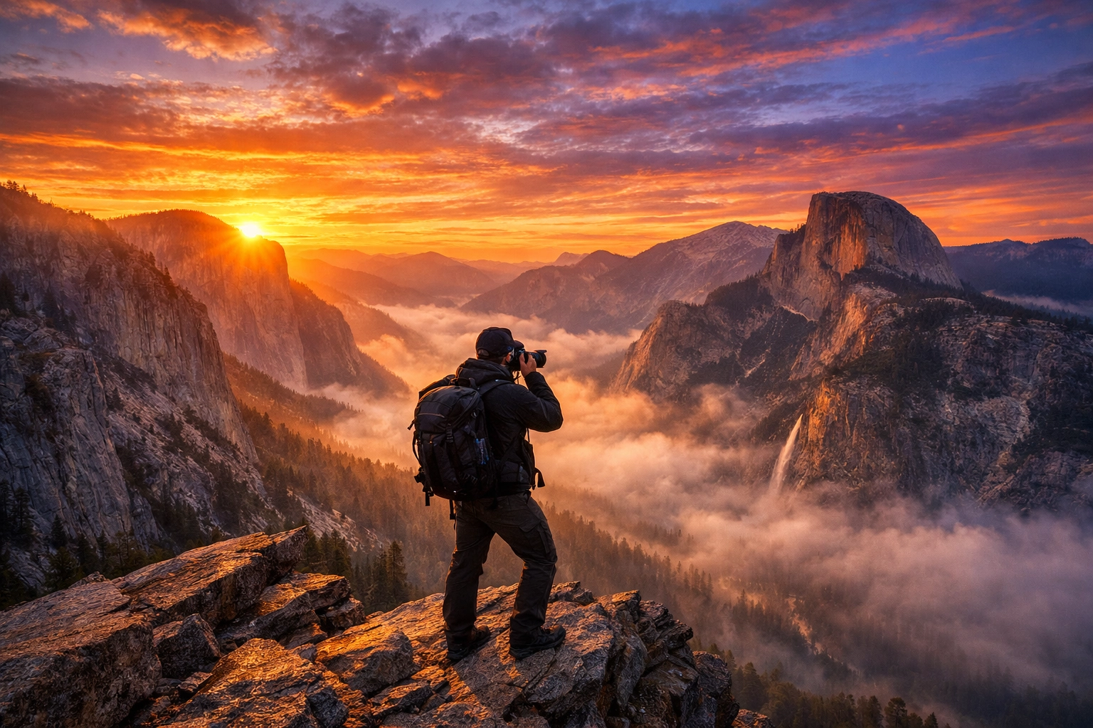 A professional photographer capturing a stunning landscape at golden hour to build an elite freelance portfolio.