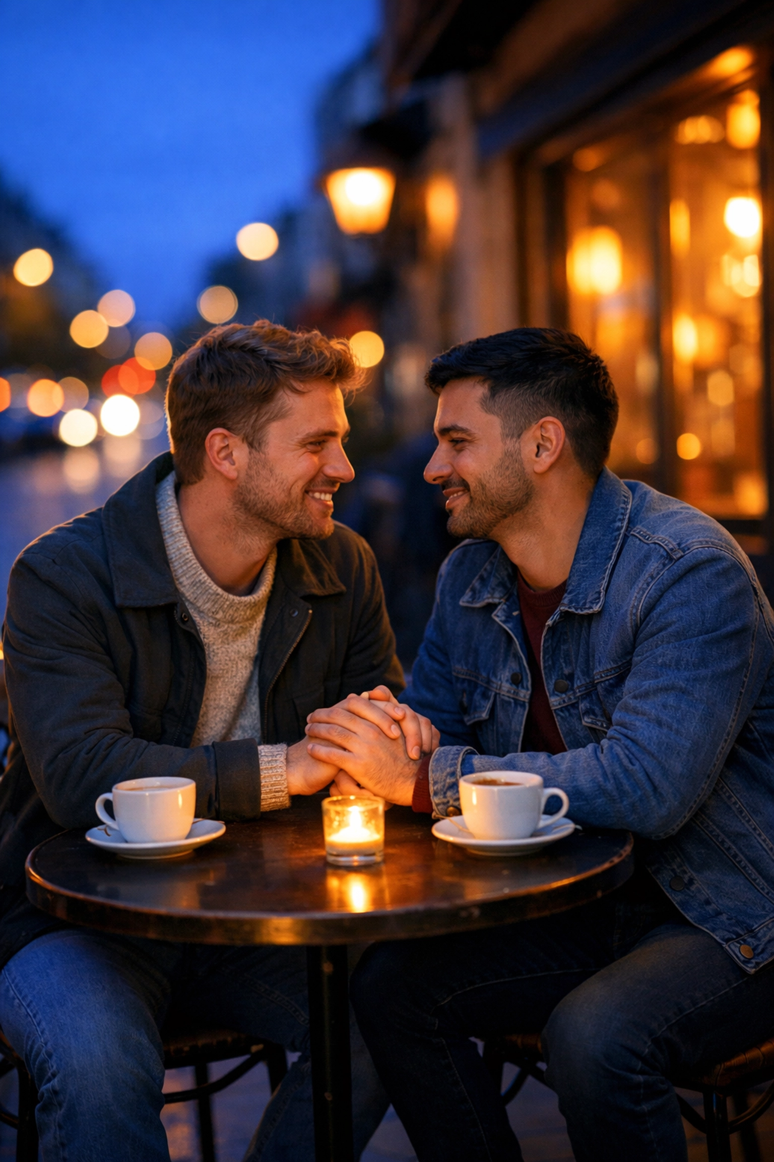 A gay couple holding hands at an outdoor cafe, representing a heartfelt MM romance ending.