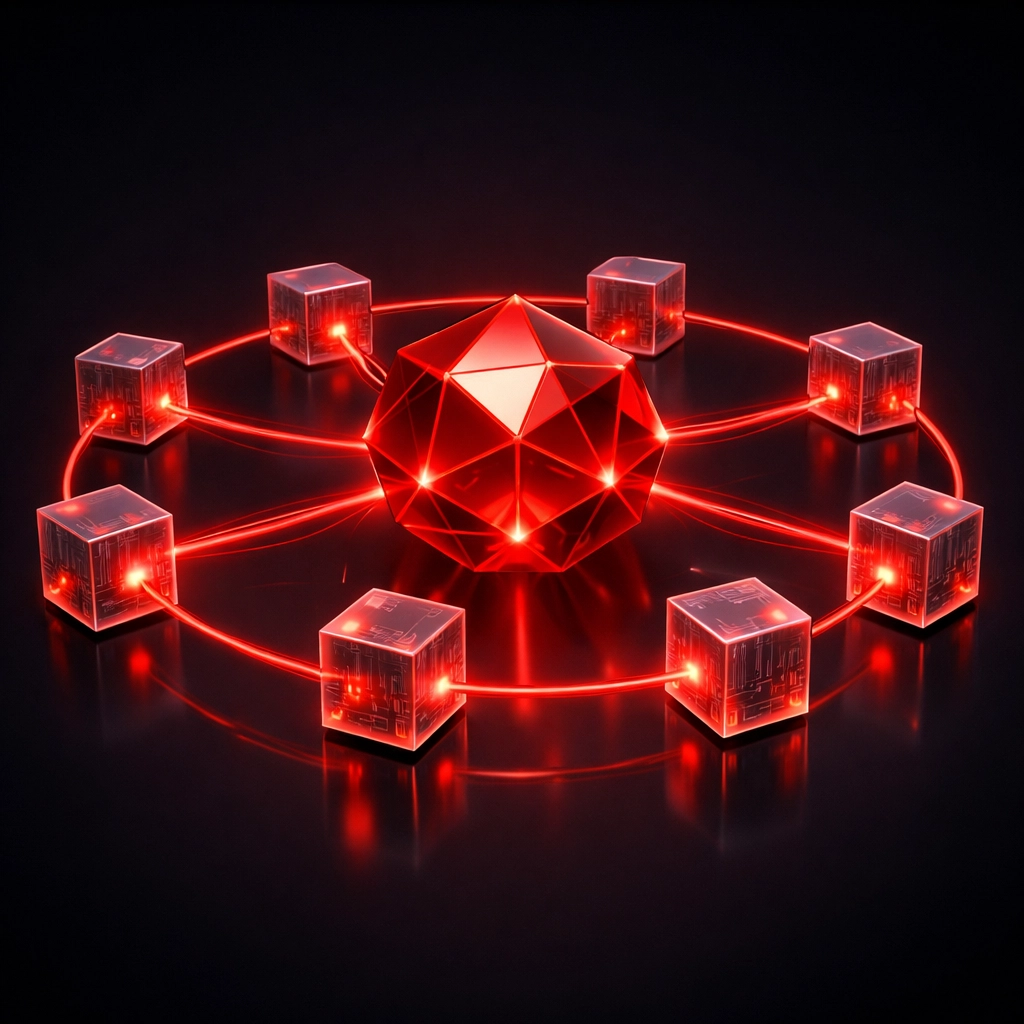A glowing red AI agent core processing data cubes to represent automated purchasing and zero-touch sales.