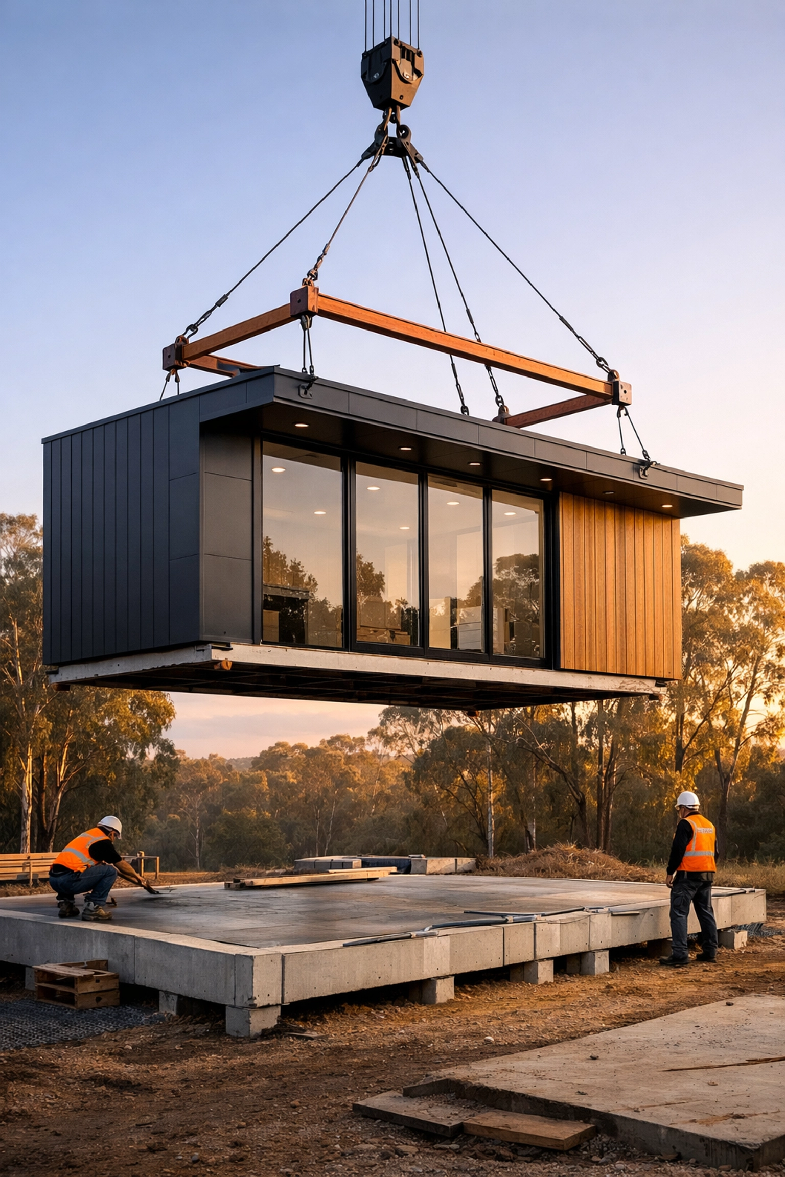 High-tech modular home being craned onto its foundation for fast construction on an Australian property.
