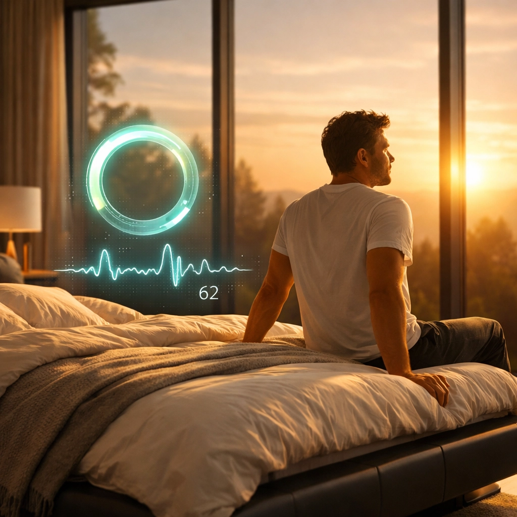 Waking up on a smart bed with biometric data showing heart rate and sleep quality tracking.