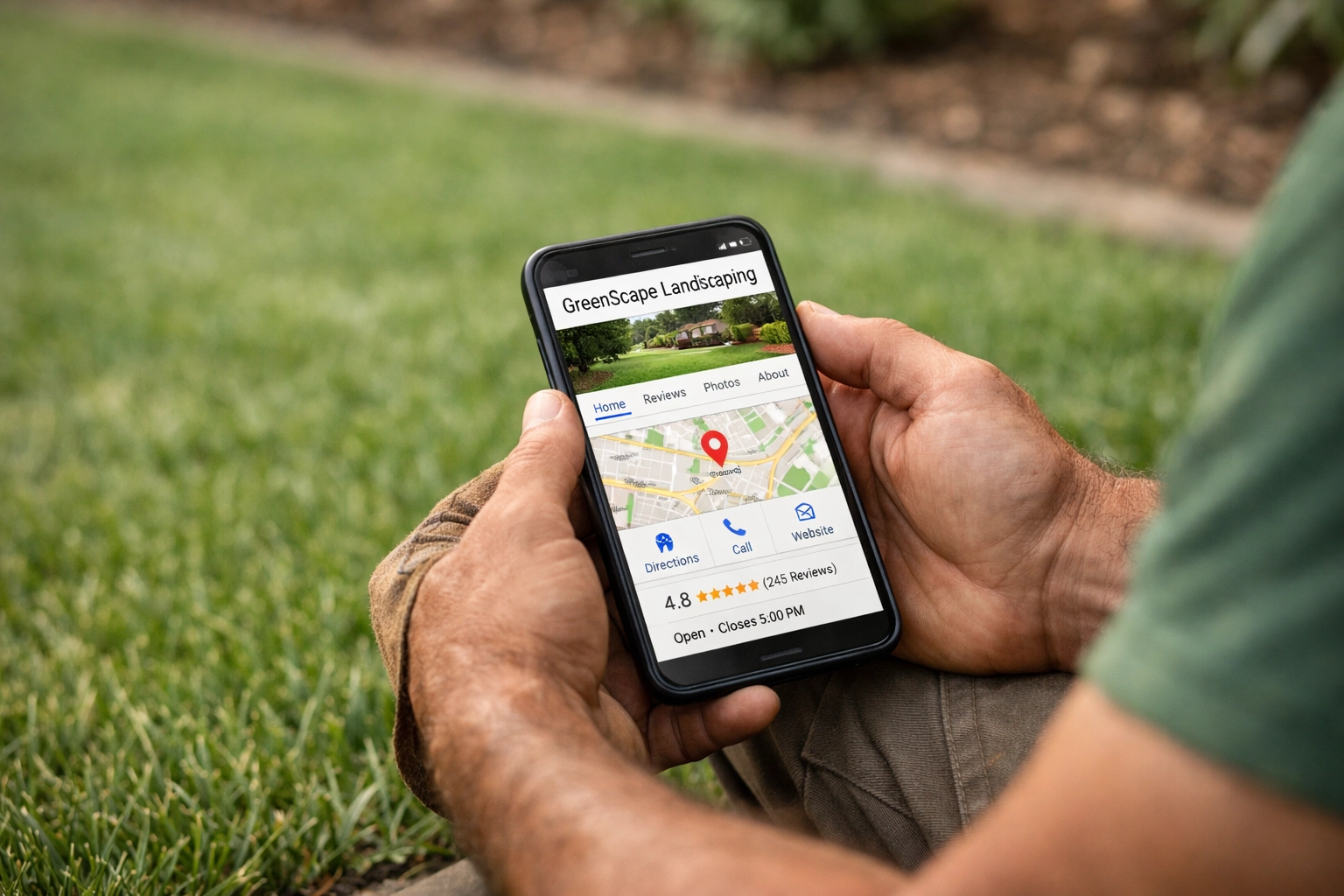 Landscaper checking Google Business Profile on smartphone while maintaining lawn