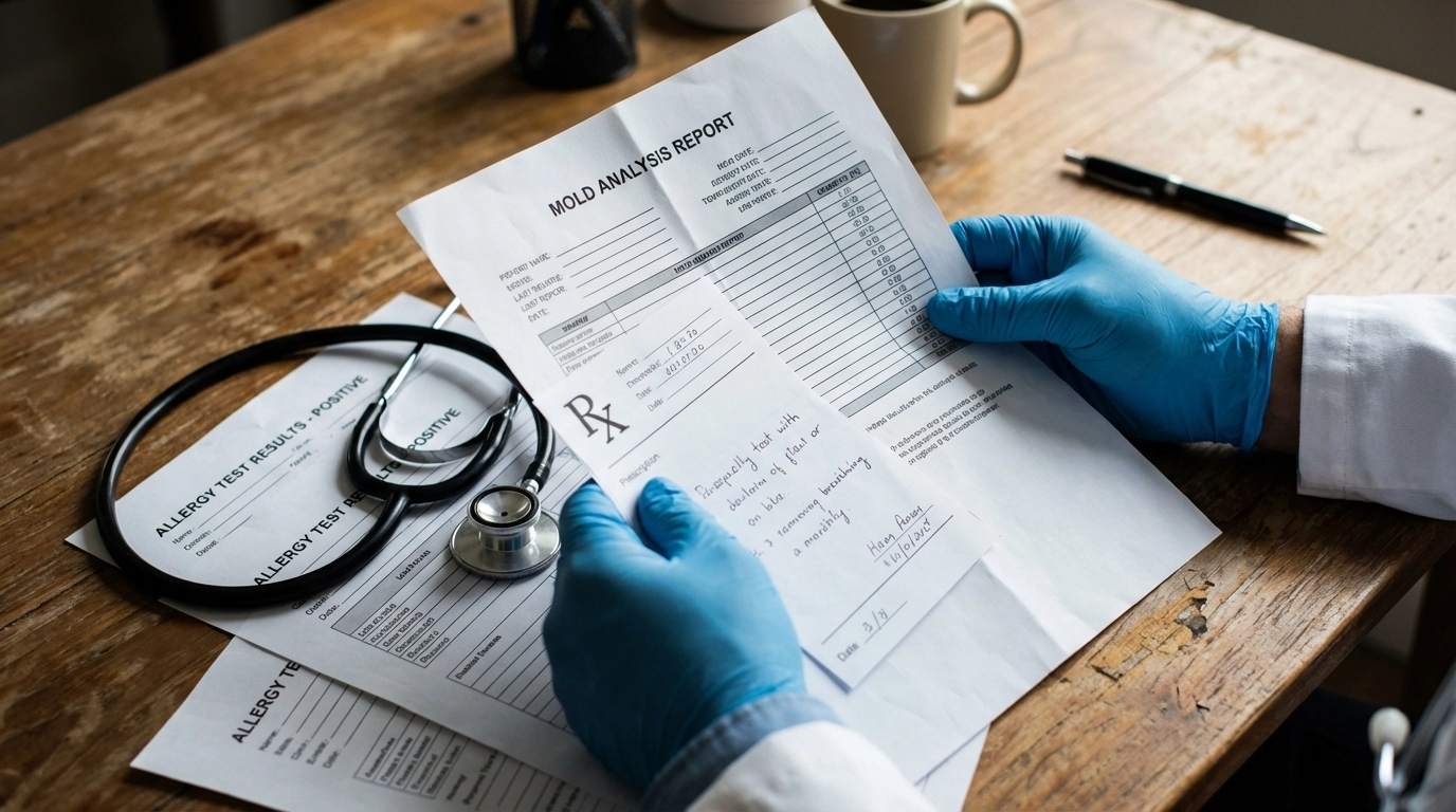 Close-up of a doctor's hand holding a mold lab report, prescription pad, allergy test results, and a stethoscope
