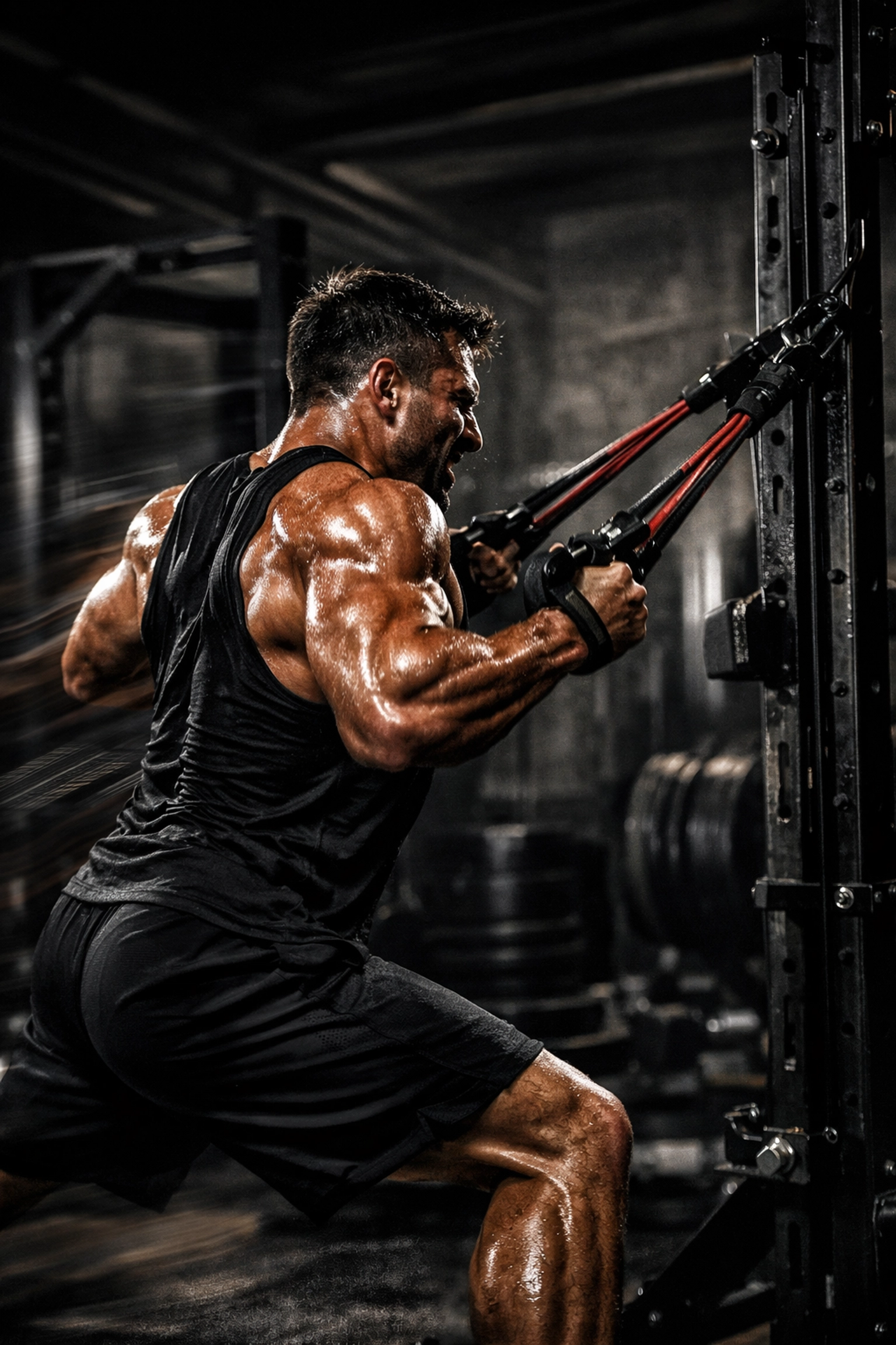 Athlete performing explosive resistance training rows on a versatile home gym vertical rail.