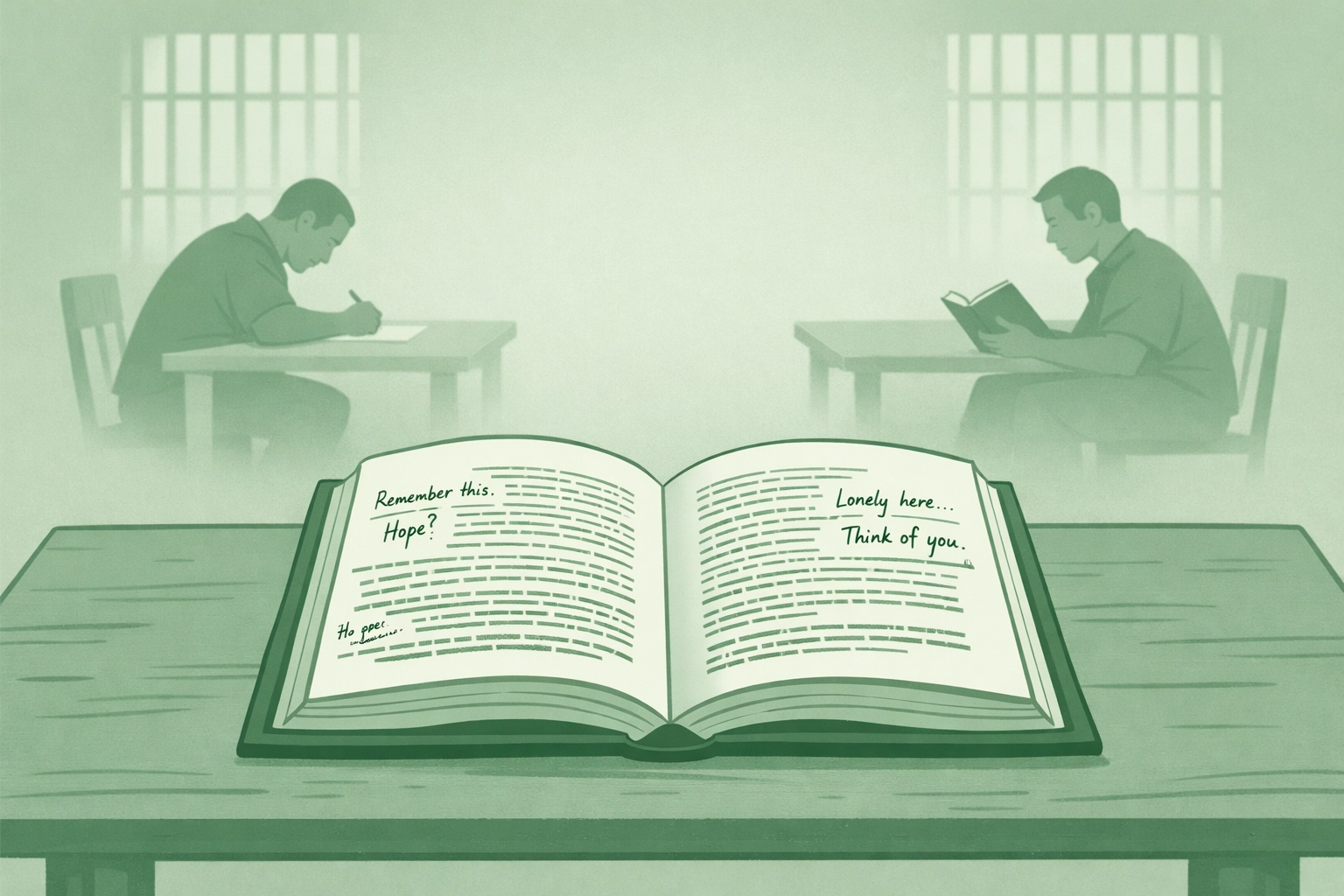 Handwritten notes in book margins bridging distance between two men in prison library