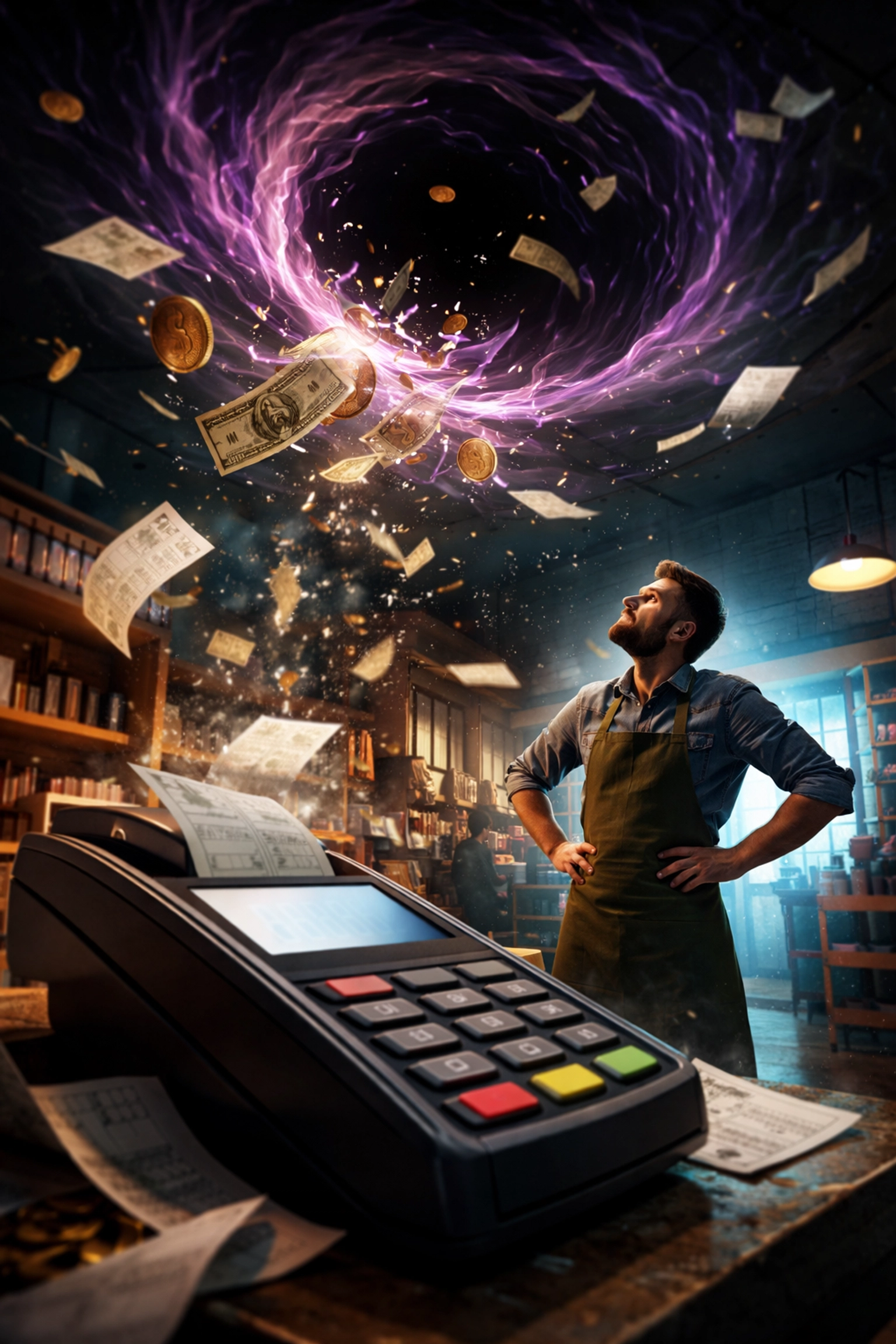 Frustrated small business owner losing profits to high credit card interchange fees at a retail checkout