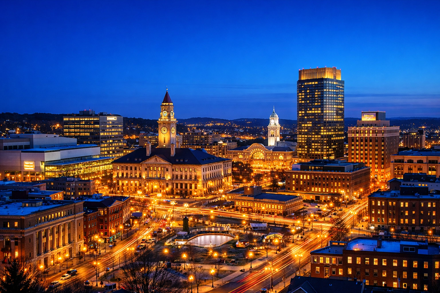 Dusk view of the Worcester skyline representing the community served by House Cleaning Services Worcester MA.
