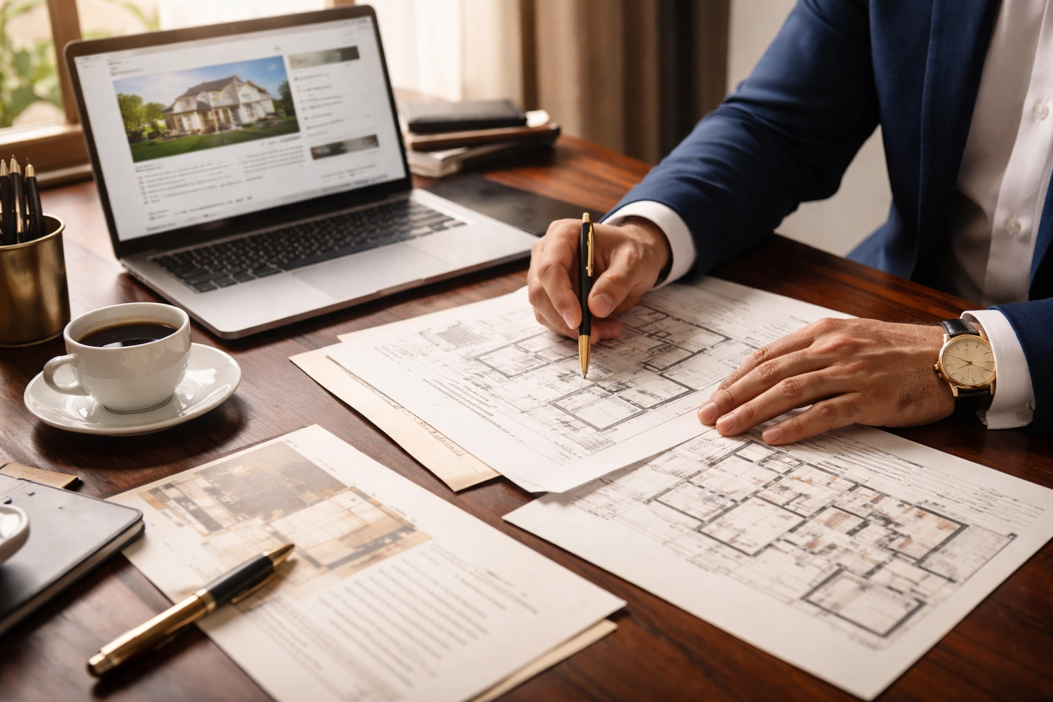 Photo-realistic Middle Eastern investor reviewing London property auction legal documents with an advisor, representing Palace Auctions support for Kuwaiti investors in property auctions London.