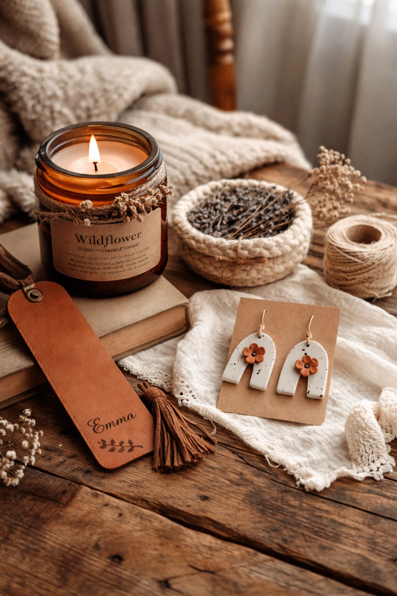 Close-up of curated handcrafted artisan gifts like candles, jewelry, and bookmarks on a rustic wood table.