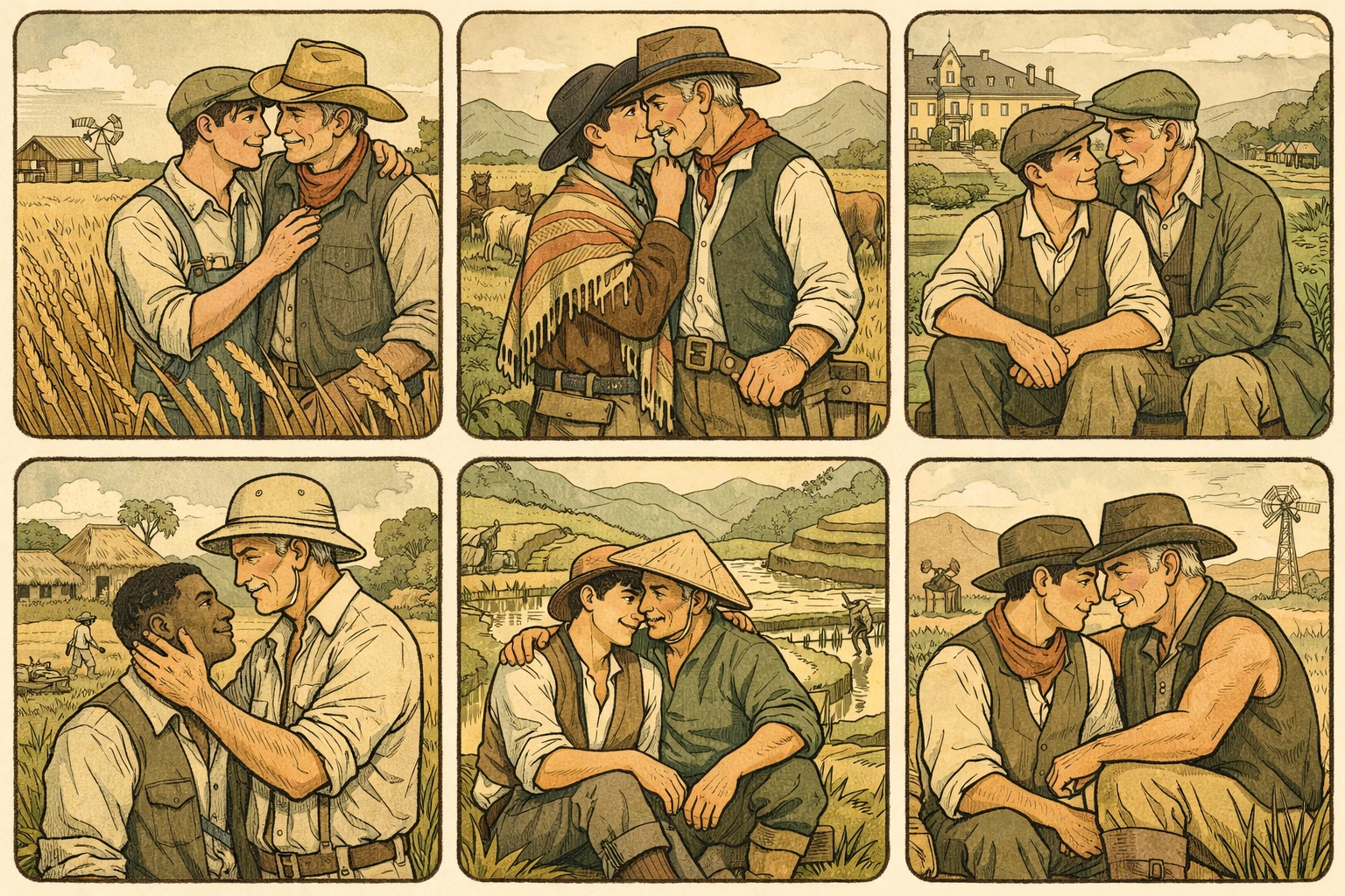 Six continental farming scenes featuring MM romance couples across different historical periods