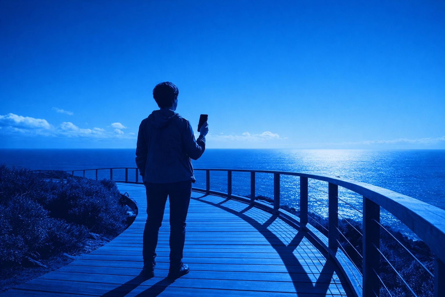 A person using a smartphone VoIP app at a coastal location, showing the flexibility of cloud phone systems.