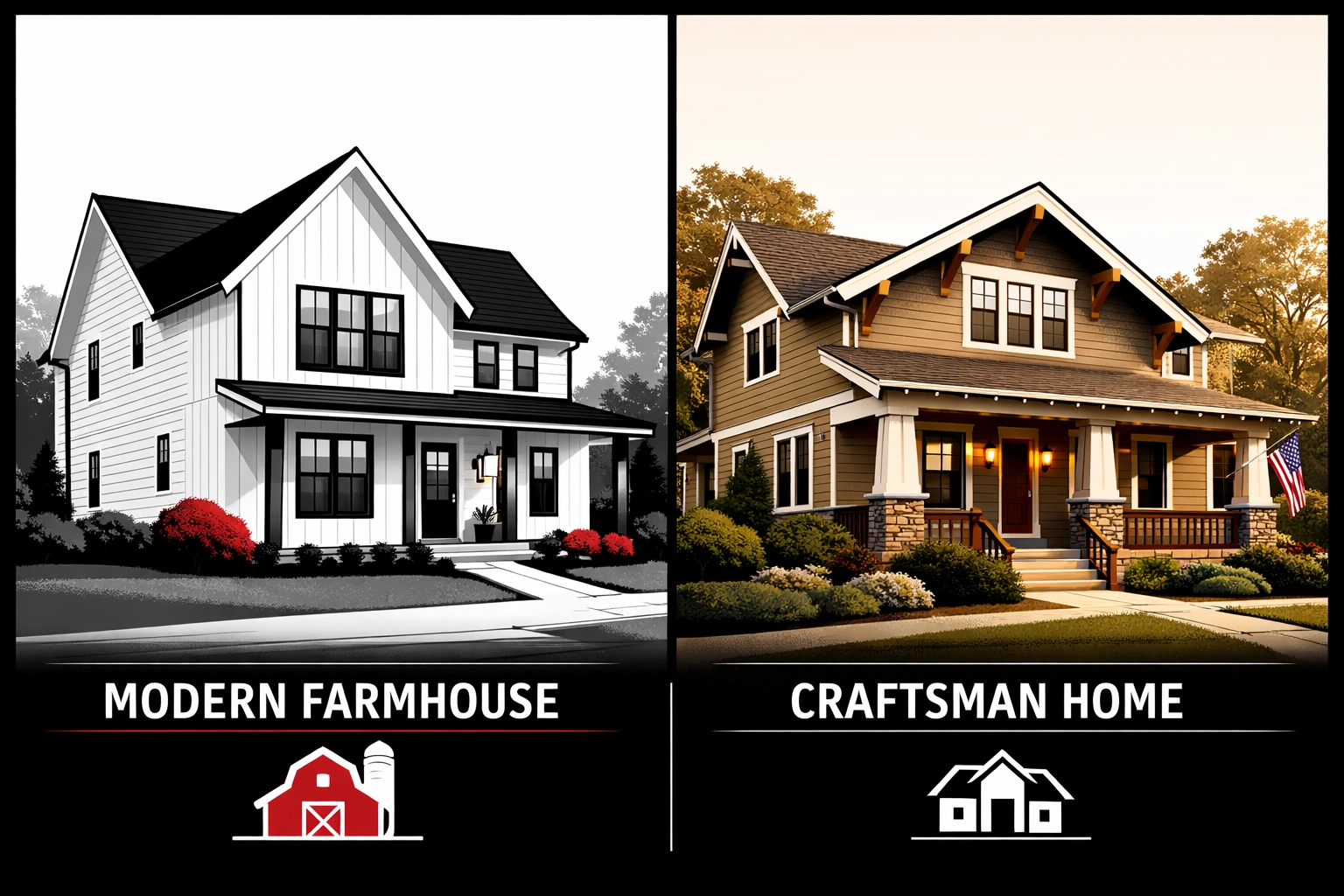 Modern Farmhouse vs Classic Craftsman home styles side-by-side comparison in Chattanooga