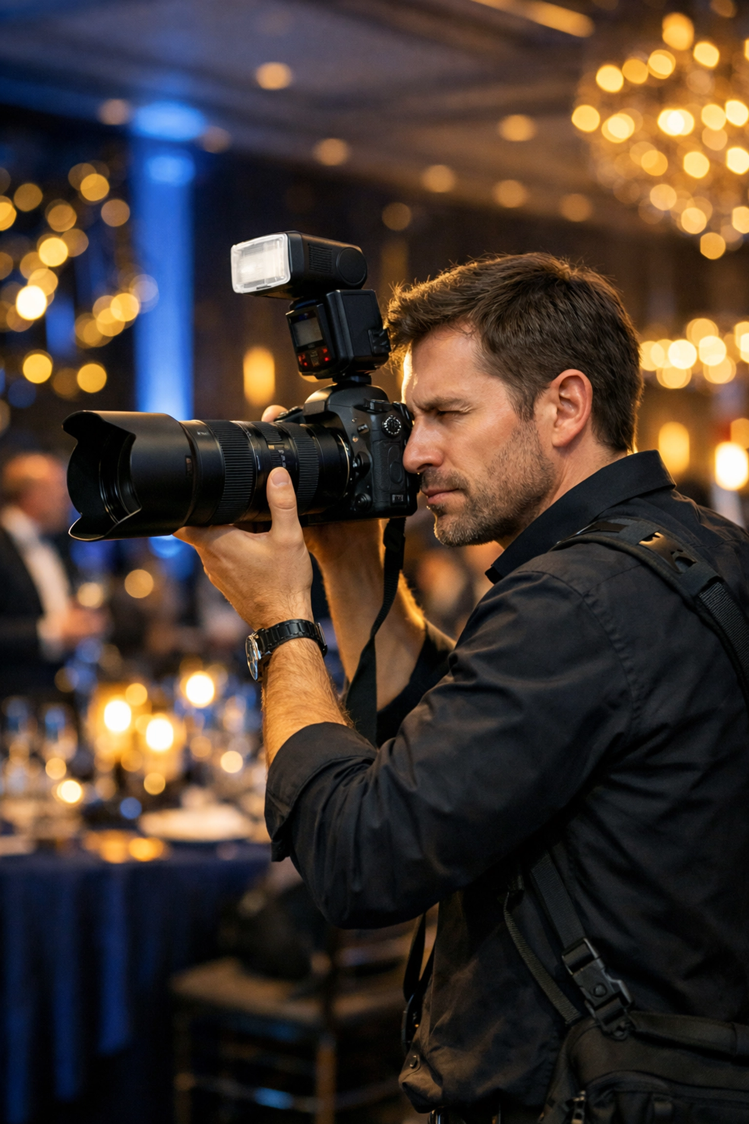 Professional event photographer capturing a corporate gala, illustrating a seamless photography booking experience.