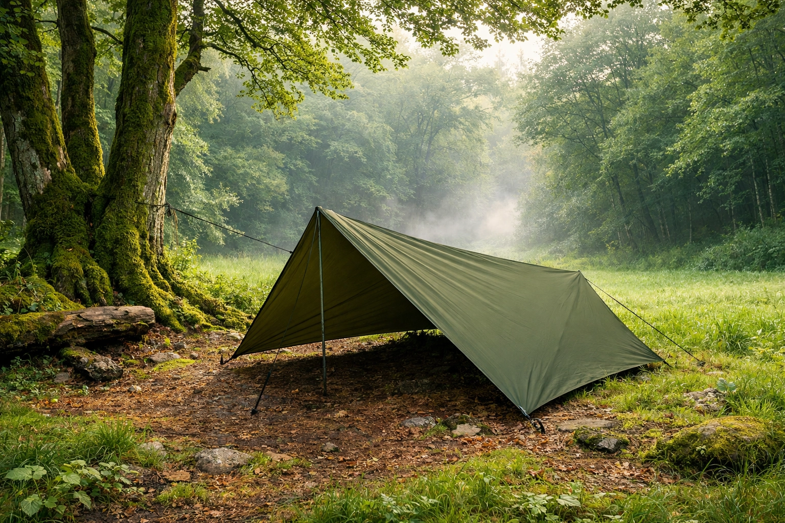 A minimalist tarp shelter pitched in the woods for a solo wild camping guided UK experience.