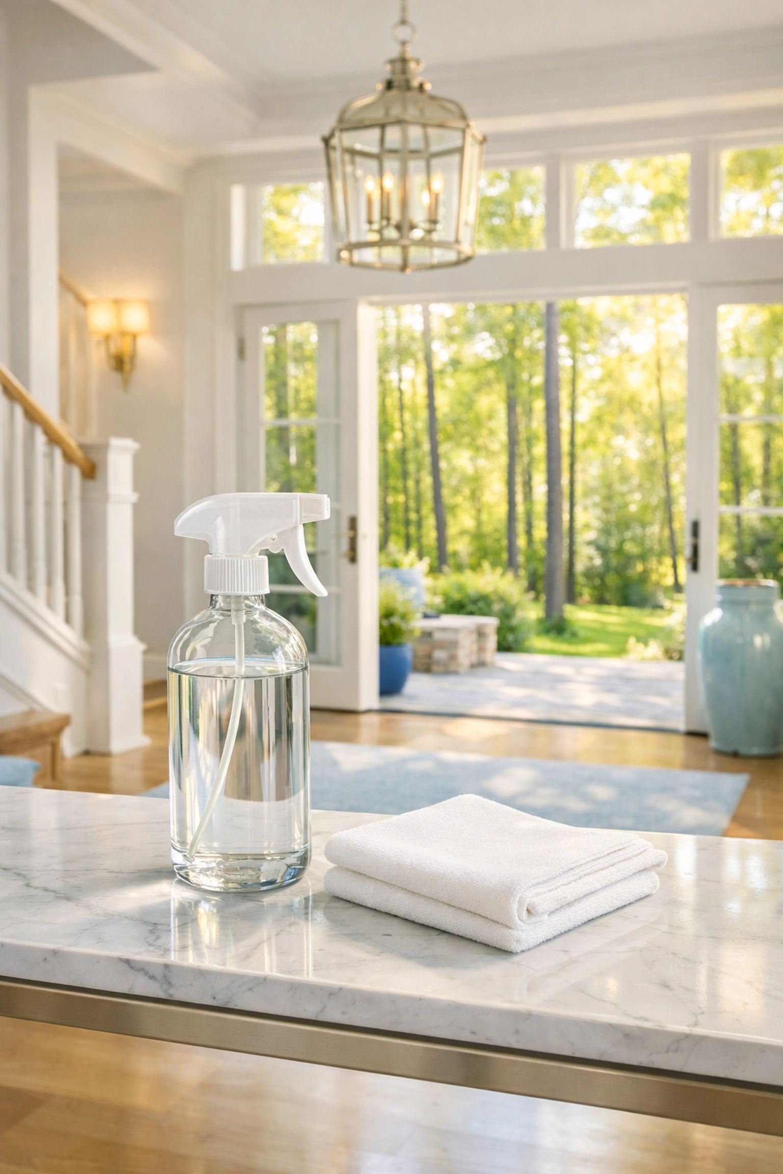 Eco-friendly cleaning products and a white cloth on a marble table in a luxury Carlisle home entryway.