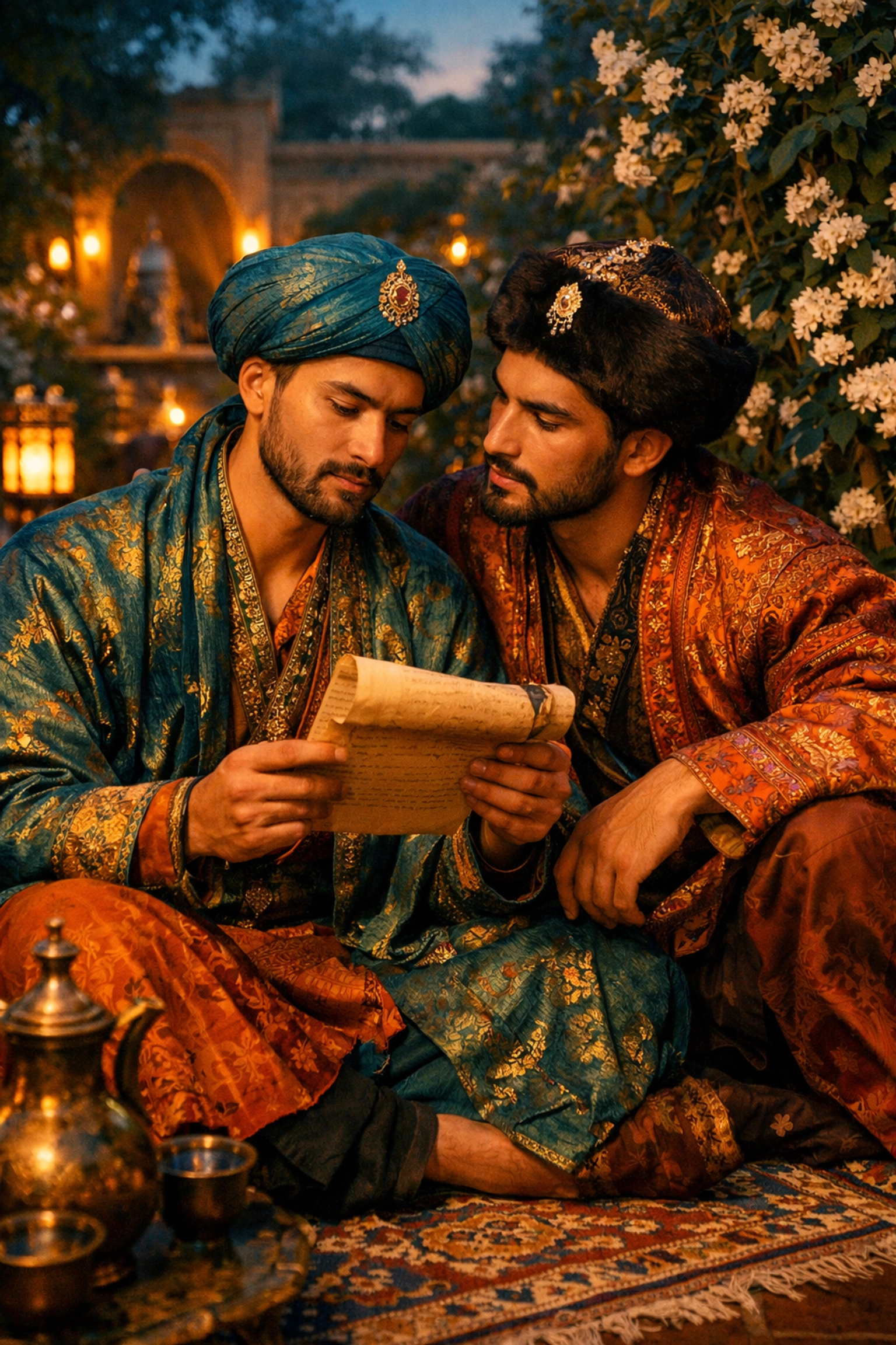 Two men in historical Afghan silk robes sharing a romantic moment in a Persian garden.