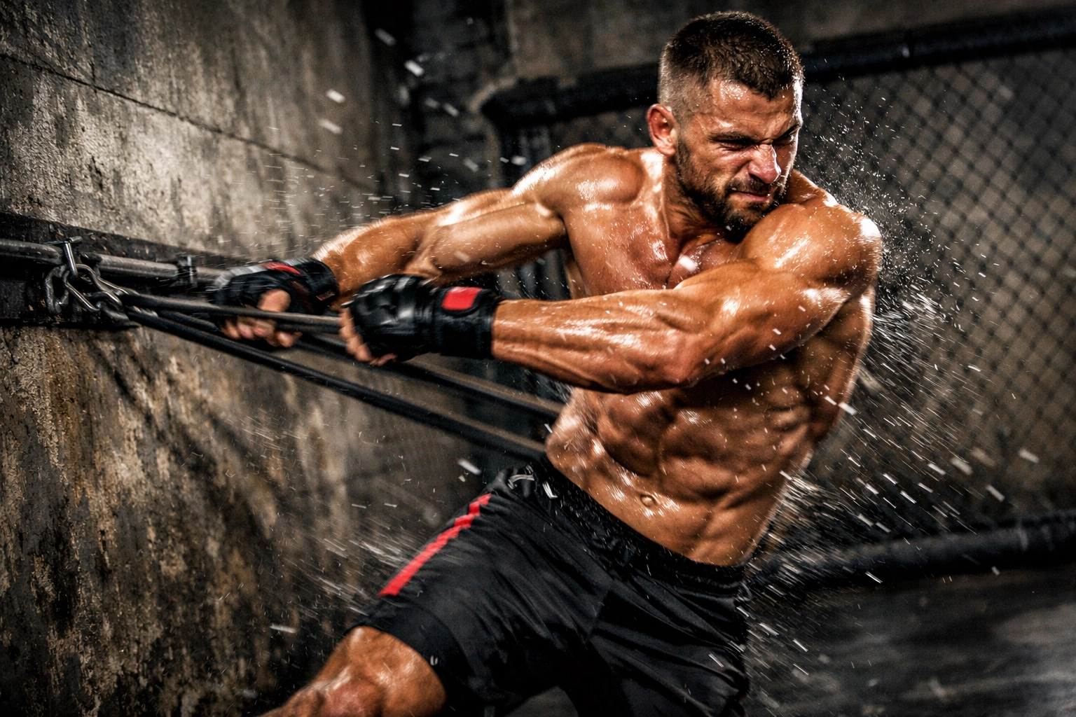 MMA fighter using a versatile home gym rail for core stability and rotational resistance training.