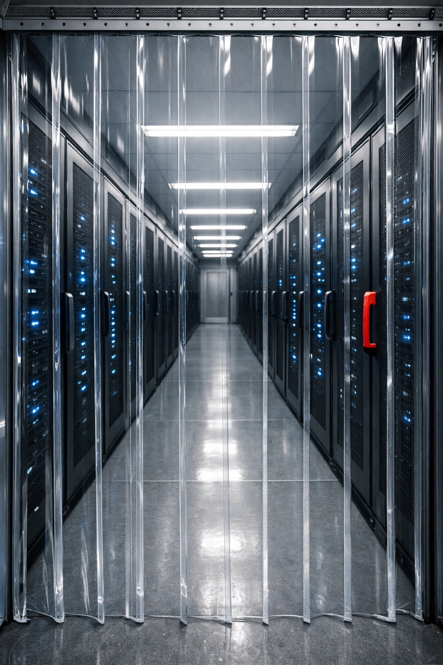 Industrial clear PVC strip curtains for precision airflow management and aisle containment in a data centre.
