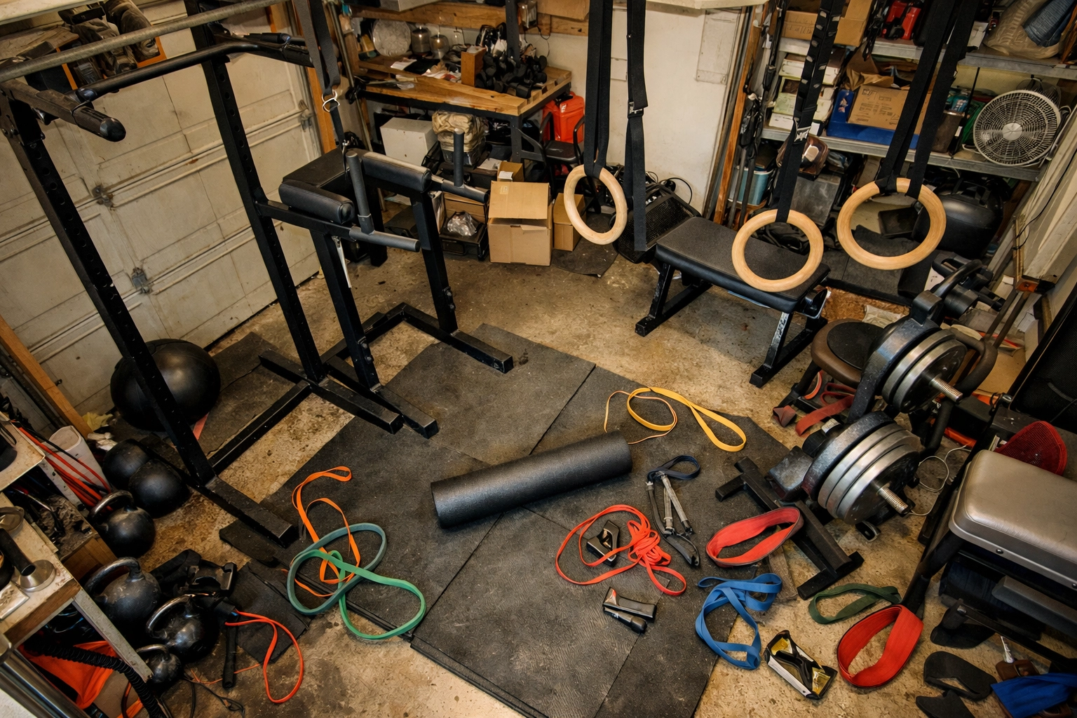 Cluttered home gym with multiple single-purpose equipment pieces taking up floor space