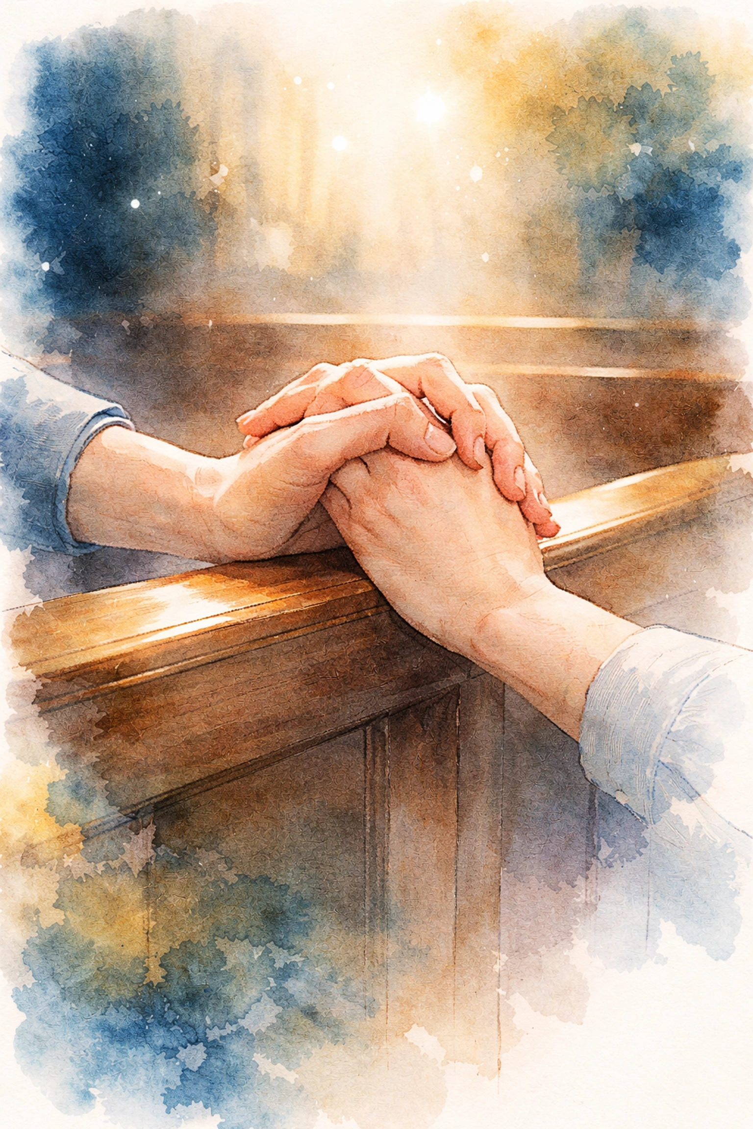 Close-up watercolor of two hands clasped on a wooden church bench, symbolizing connection and community.