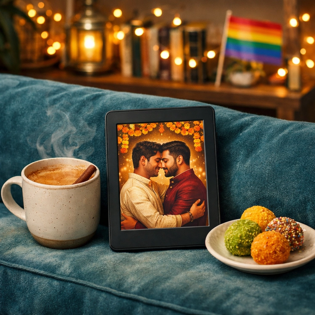 LGBTQ+ e-reader displaying a South Asian gay romance novel during a cozy Diwali night.
