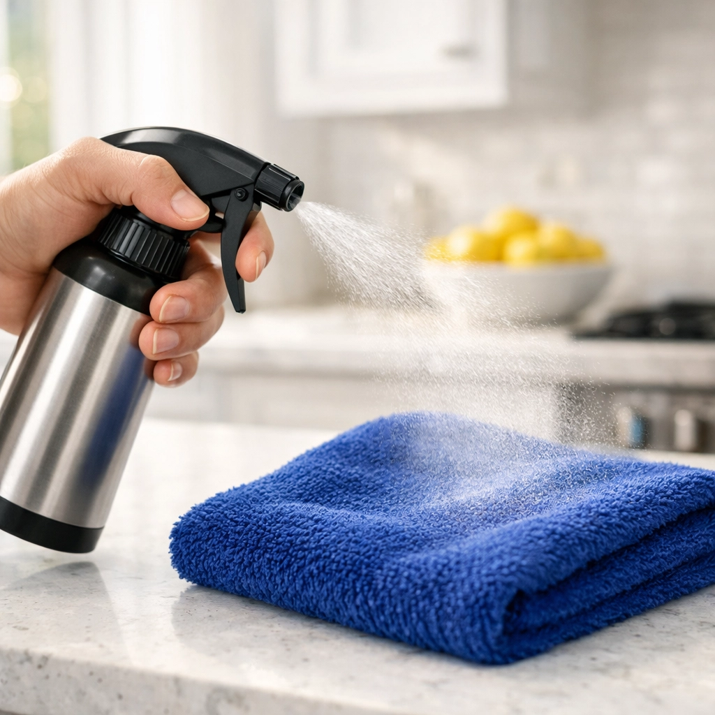 Professional cleaning in Westborough: spraying a microfiber cloth for kitchen surface maintenance.