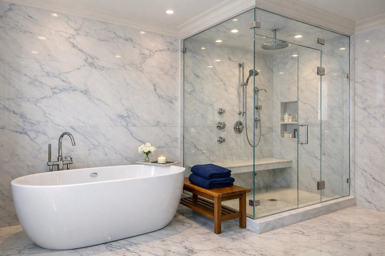 A sparkling clean master bathroom in a Dover estate after residential cleaning Massachusetts.