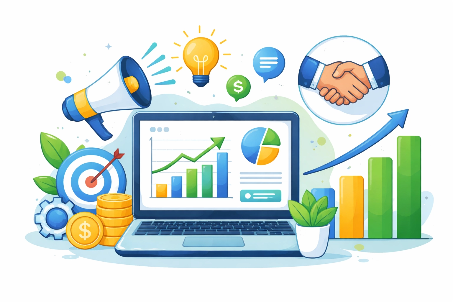 Various business growth icons highlighting deductible marketing and professional services for small businesses in 2026.