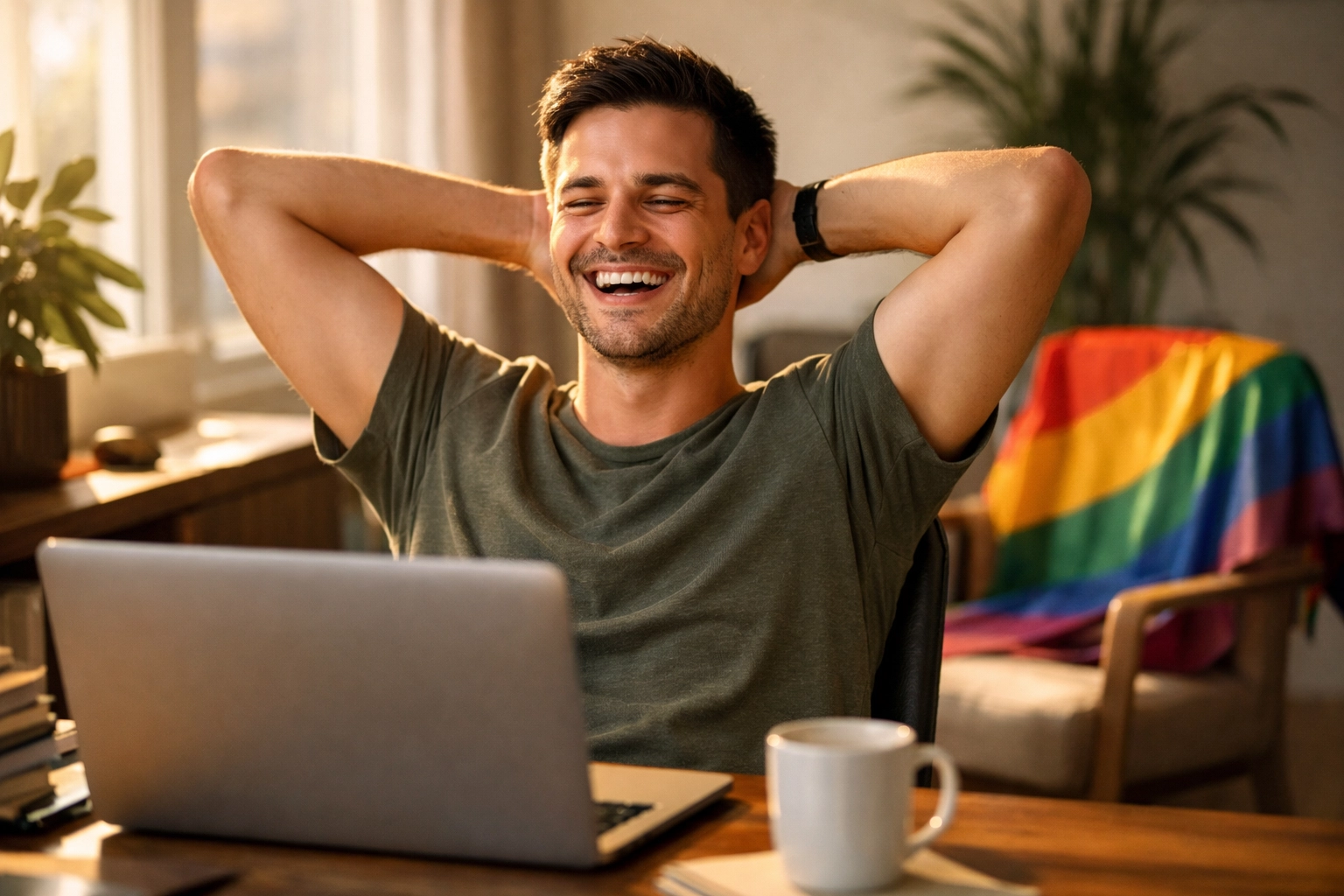 A joyful gay writer celebrating his publishing success on the Read with Pride portal in a bright home office.