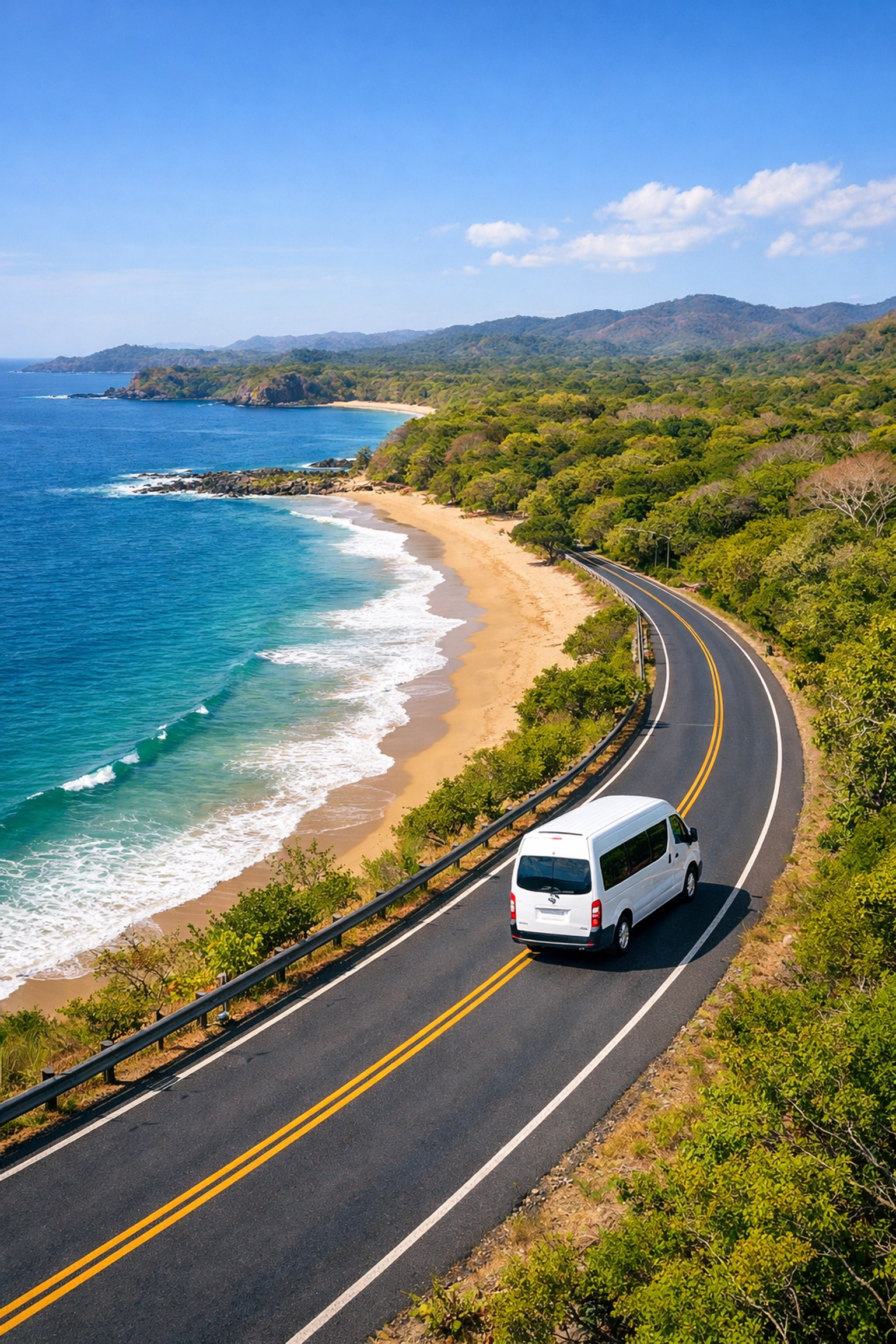 Aerial view of a white shuttle van driving along the scenic Guanacaste coast toward Tamarindo.