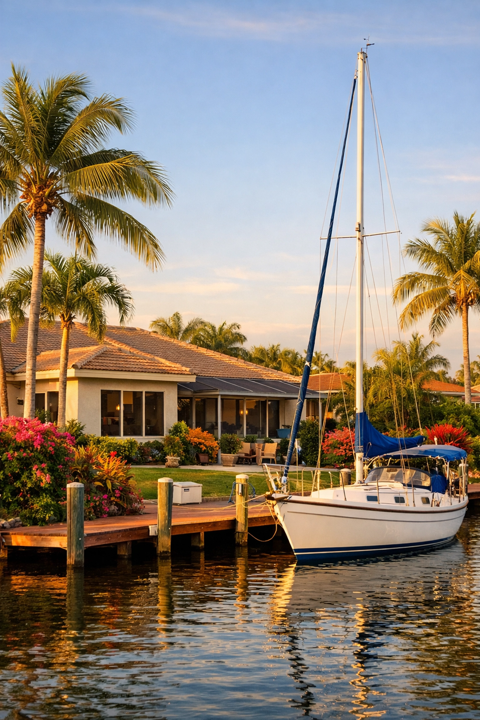 Waterfront home in Southeast Cape Coral with a sailboat docked on a direct access canal.