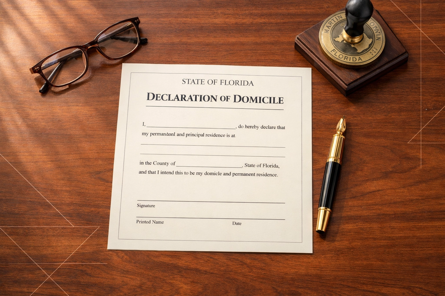 Florida Declaration of Domicile document on desk for establishing Jupiter Island residency