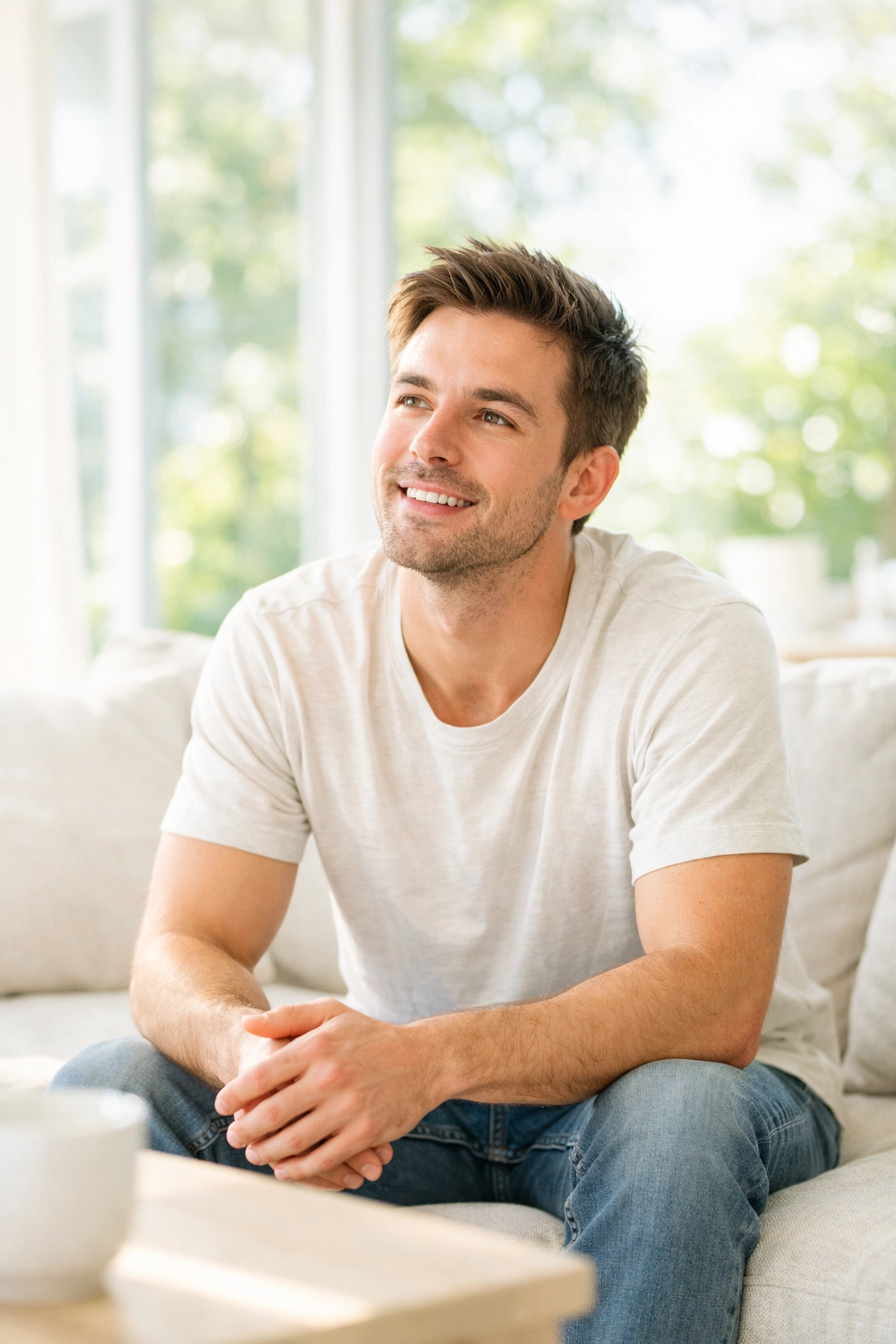 Young man praying comfortably in a bright living room, illustrating prayer as a personal conversation with God.