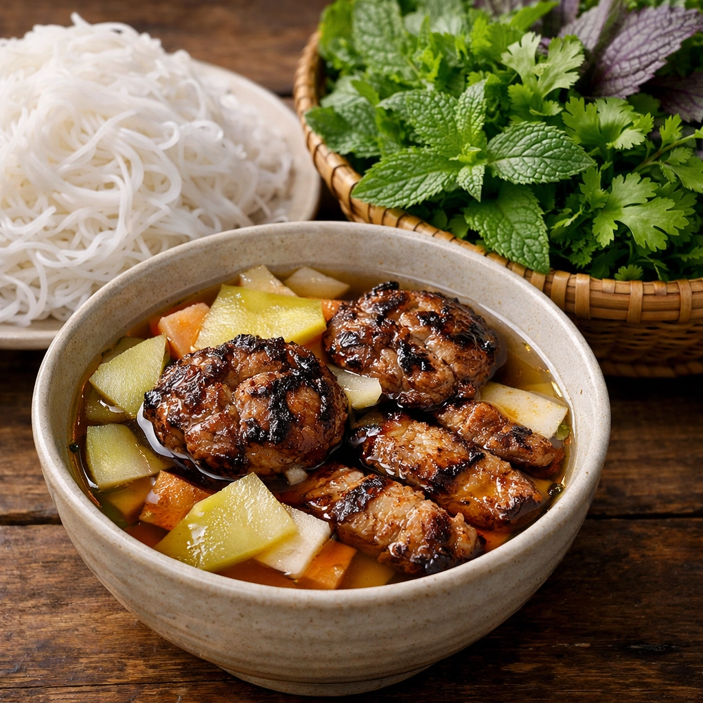 A traditional Bún Chả set with grilled pork, rice noodles, and fresh herbs, a top cheap eat in Hanoi.