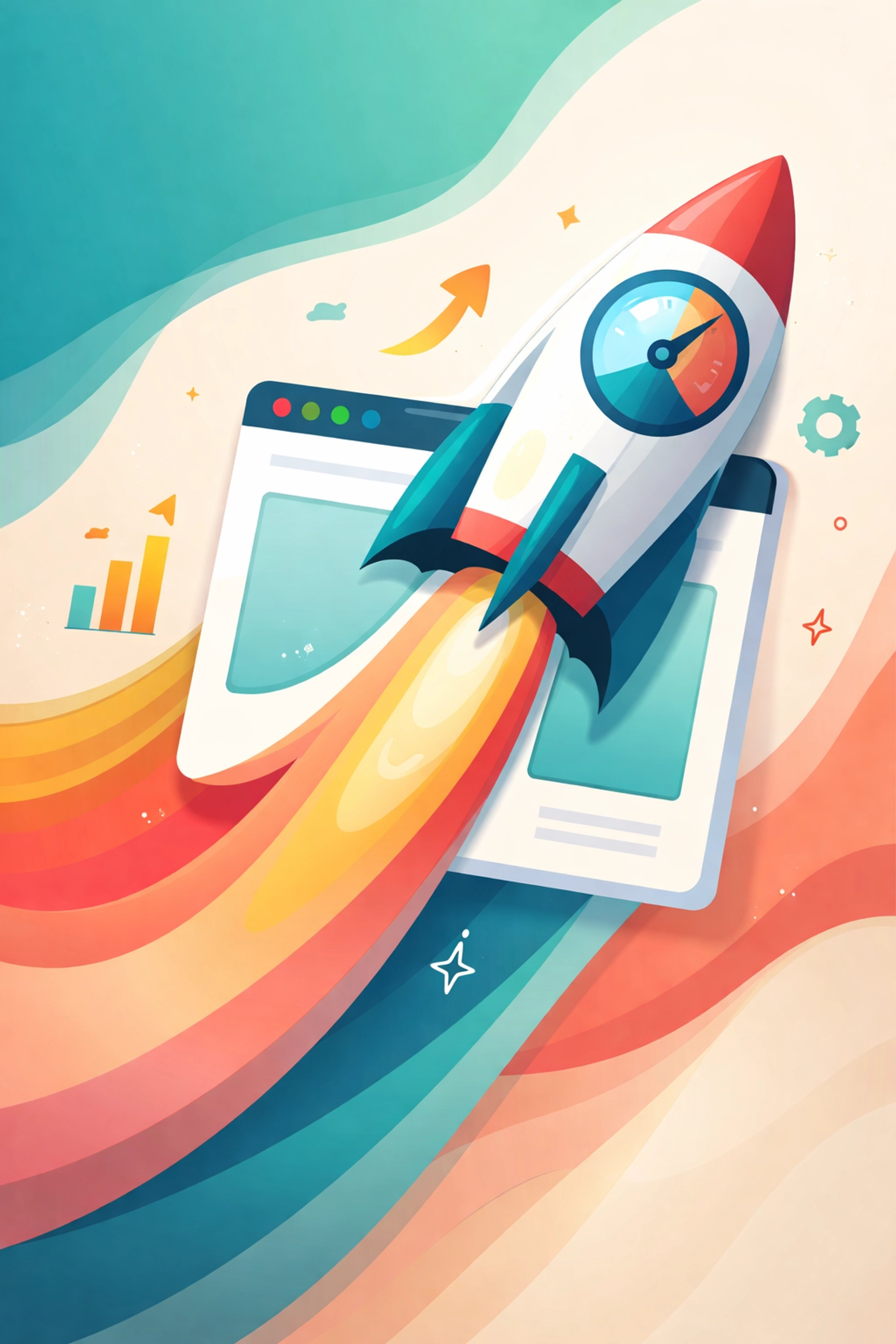 Rocket and speedometer graphic soaring from a browser window, illustrating website performance and growth with high-end hosting