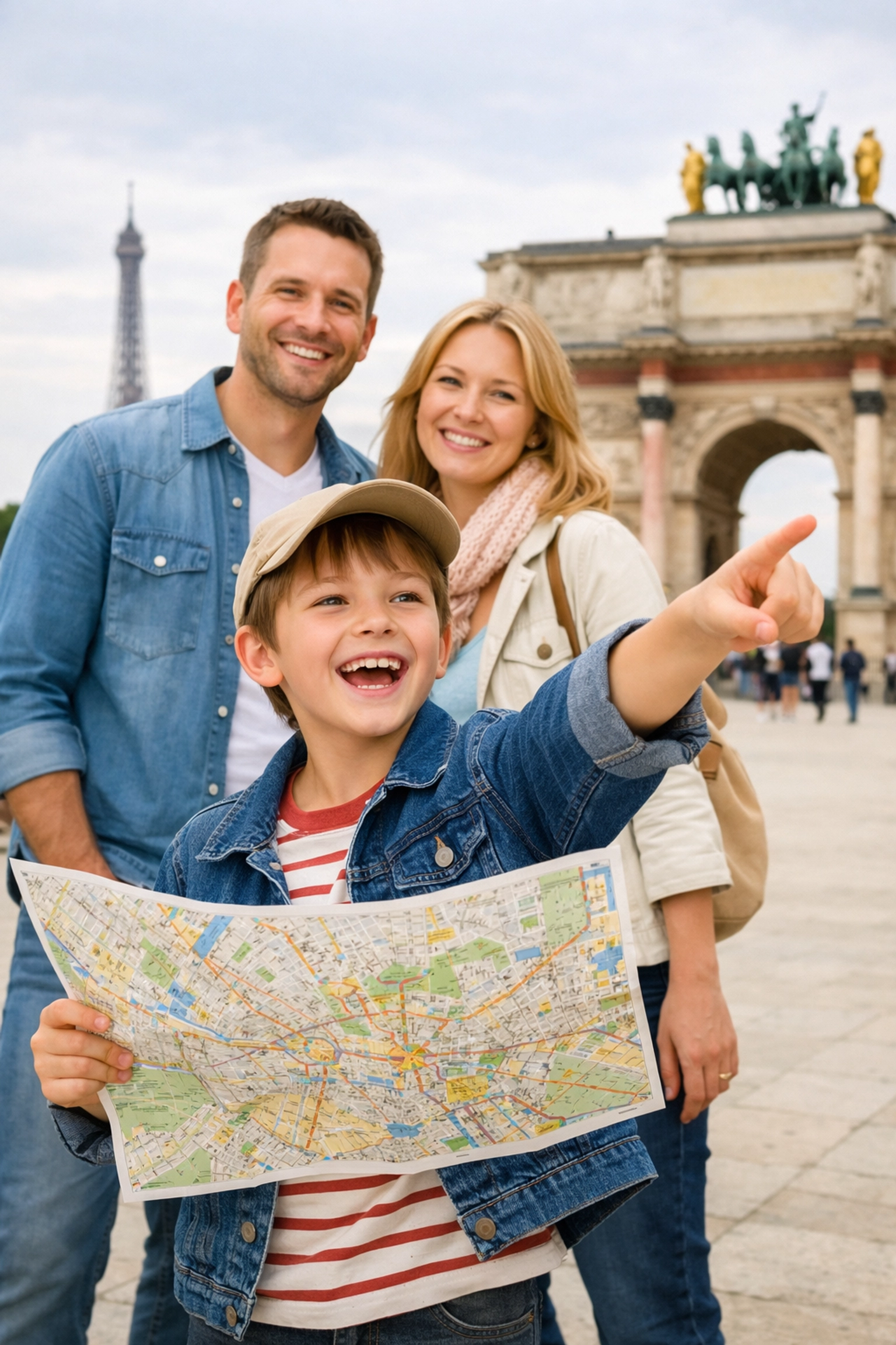 Young boy leading a Paris family vacation adventure using a map near the Eiffel Tower.