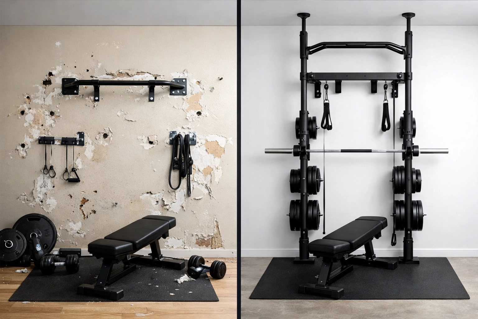 Comparison of damaged walls from drilling versus clean floor-to-ceiling gym system without wall damage