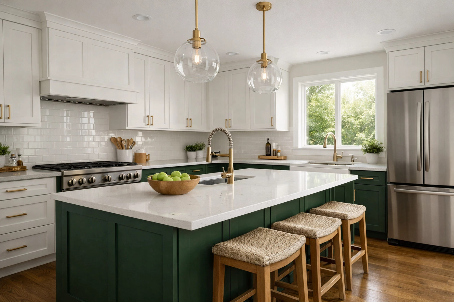 Modern Columbus kitchen remodel featuring white Shaker cabinets and a forest green island.